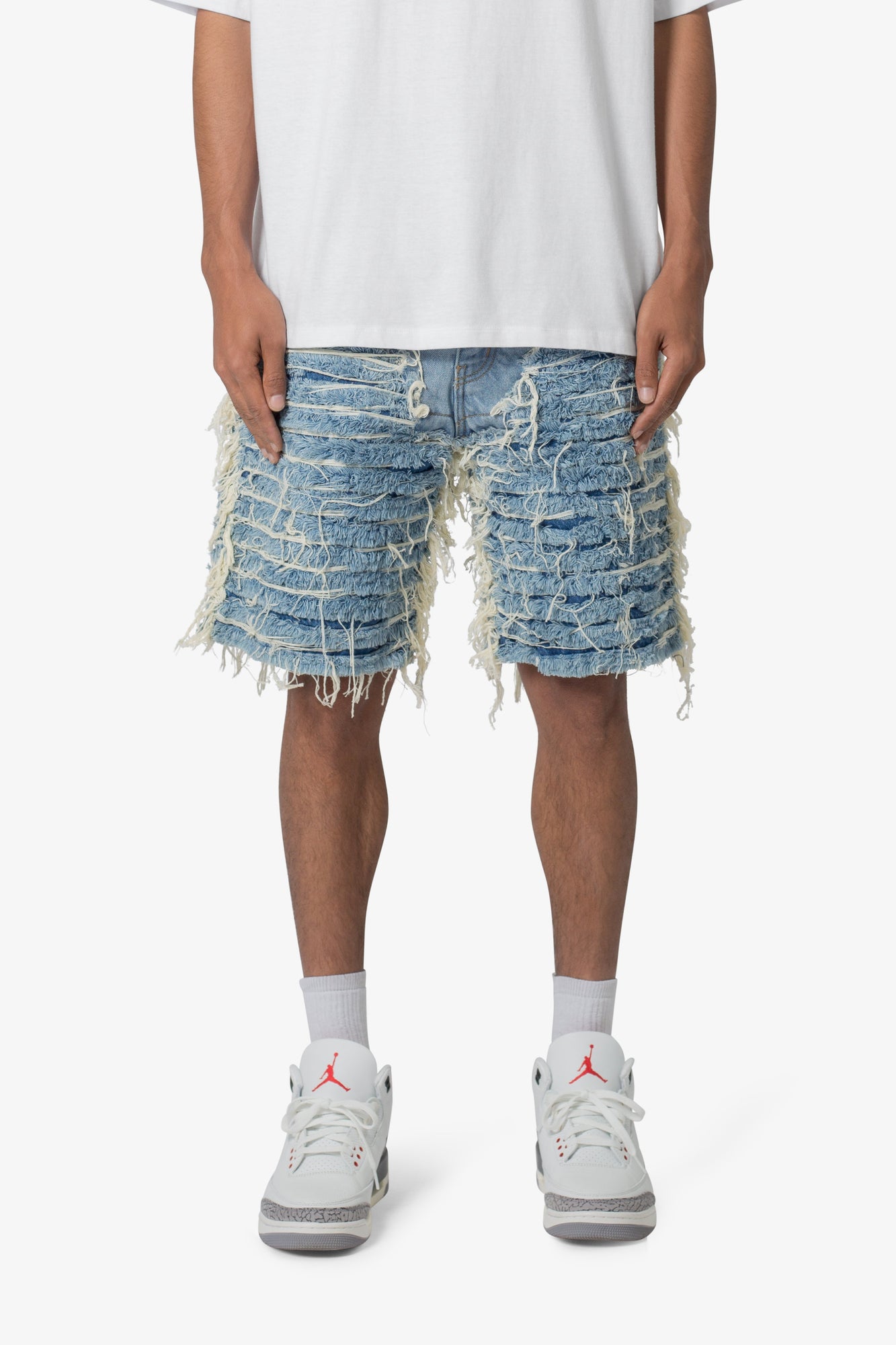 Allover Frayed Denim Shorts | Blue