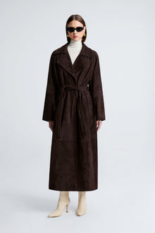 Model is wearing Nour Hammour Althea Belted Suede Coat Mocha - Front