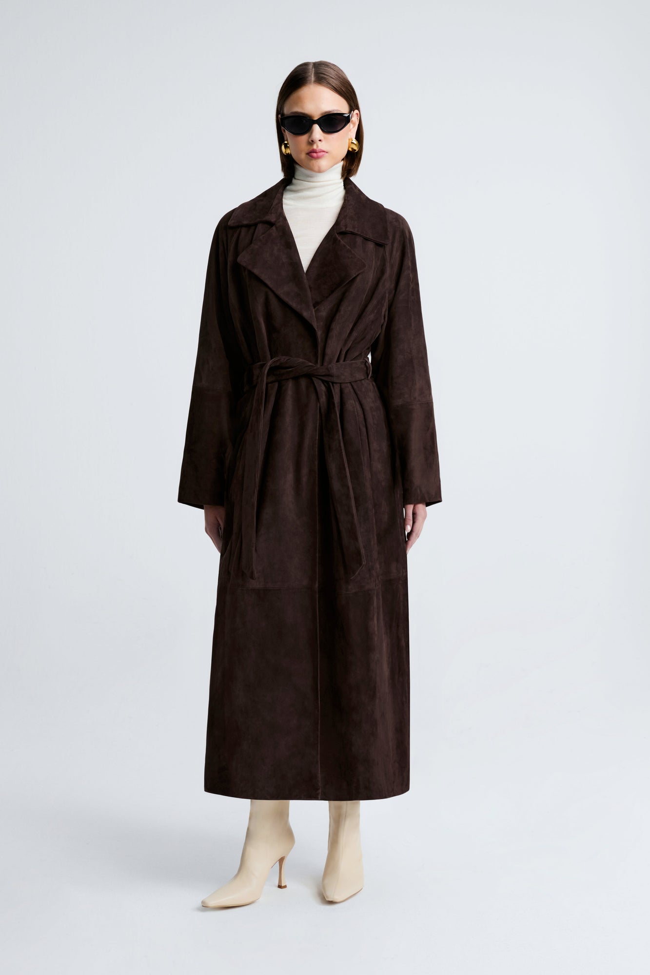 Model is wearing Nour Hammour Althea Belted Suede Coat Mocha - Front