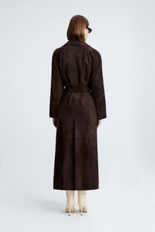 Model is wearing Nour Hammour Althea Belted Suede Coat Mocha - Back
