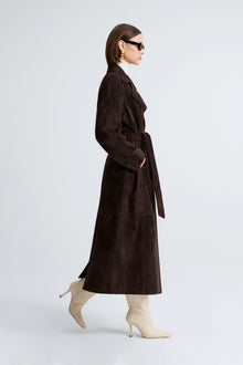 Model is wearing Nour Hammour Althea Belted Suede Coat Mocha - Side