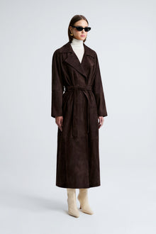 Model is wearing Nour Hammour Althea Belted Suede Coat Mocha - Three Quarters