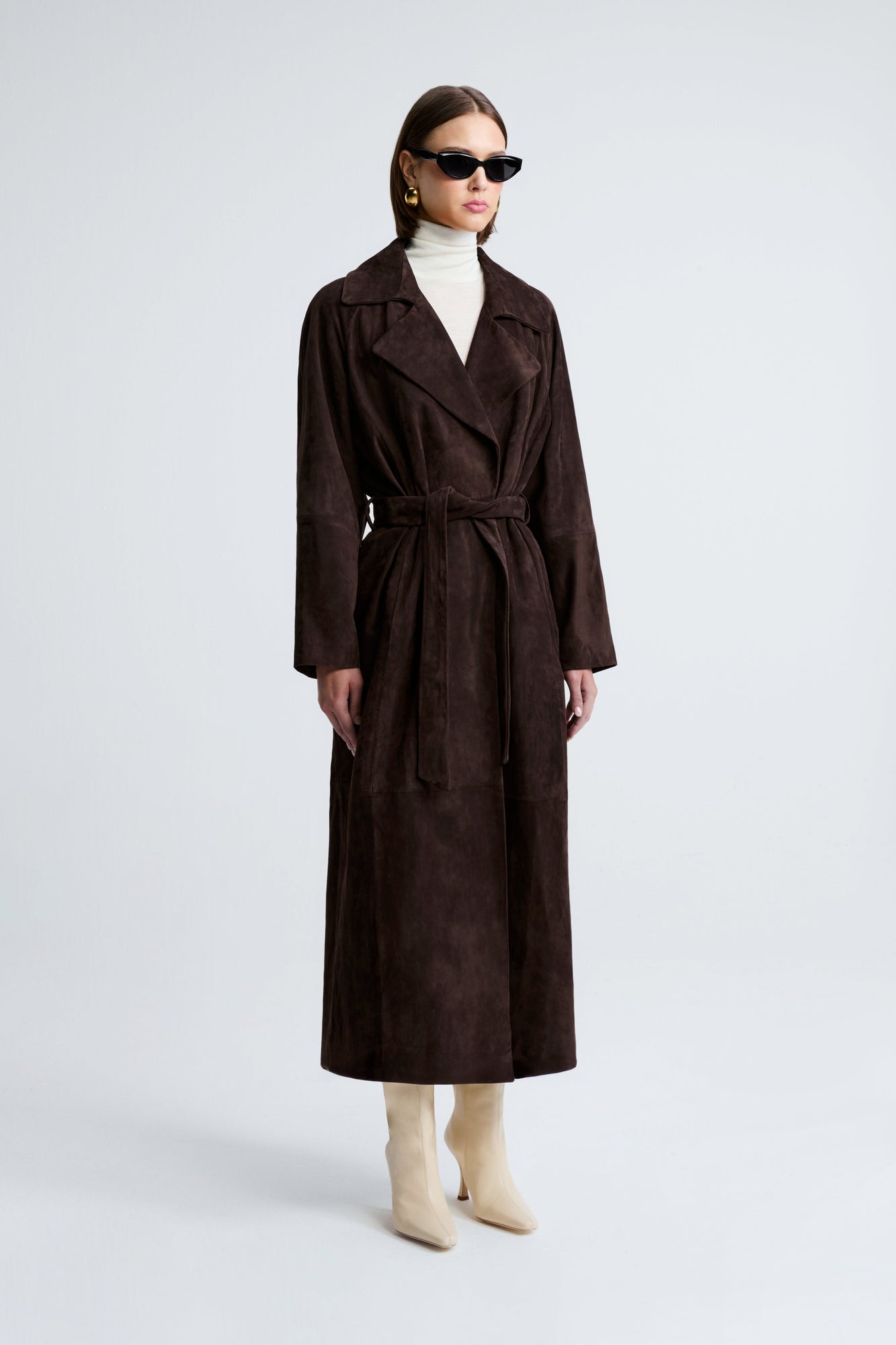 Model is wearing Nour Hammour Althea Belted Suede Coat Mocha - Three Quarters