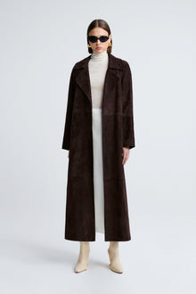 Model is wearing Nour Hammour Althea Belted Suede Coat Mocha - Front Open