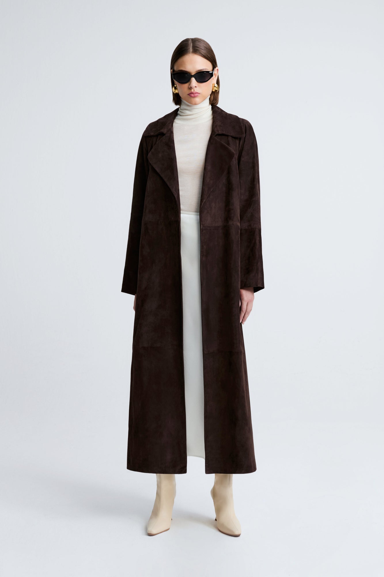 Model is wearing Nour Hammour Althea Belted Suede Coat Mocha - Front Open