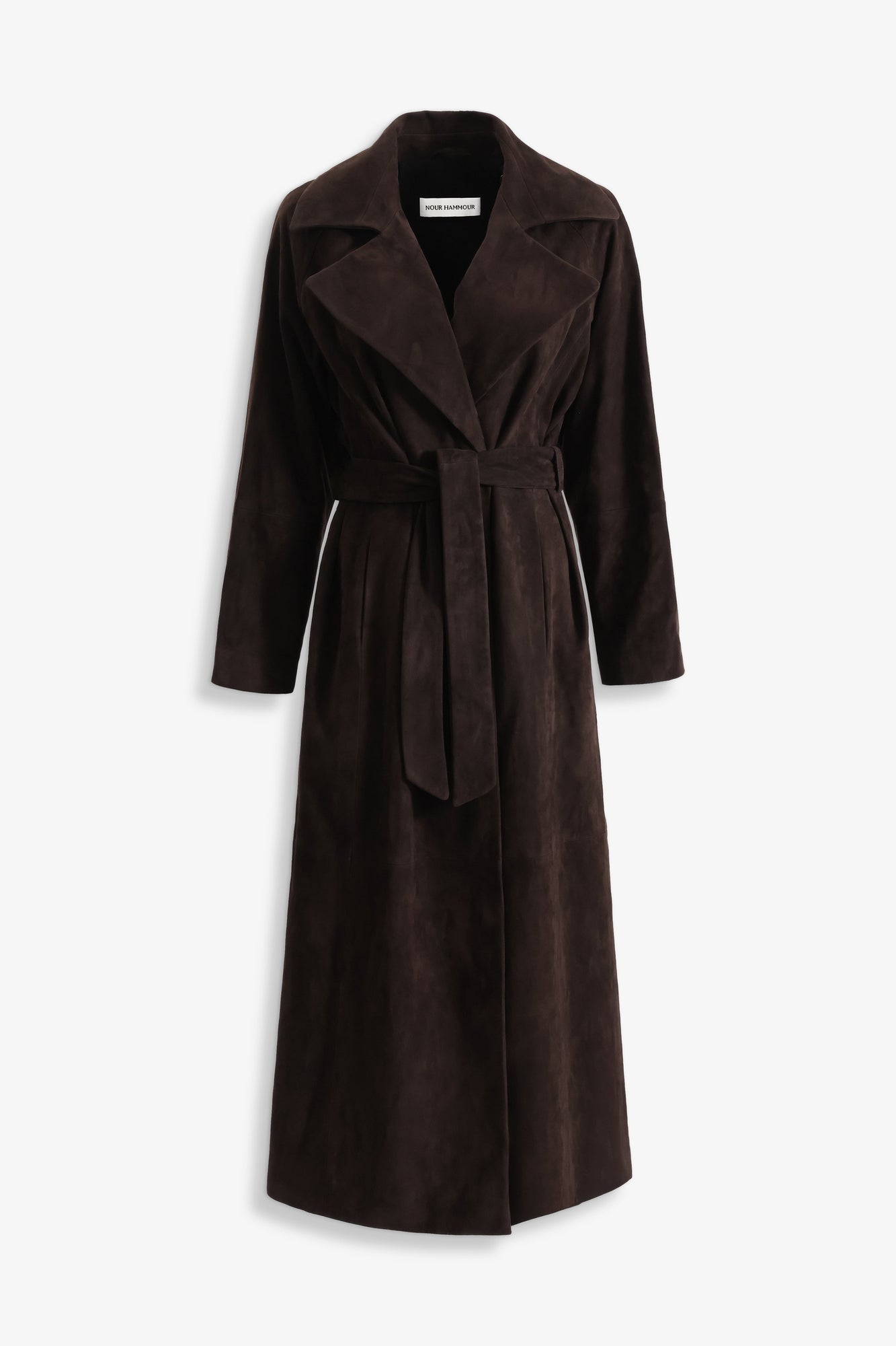 Nour Hammour Althea Belted Suede Coat Mocha - Silhouette