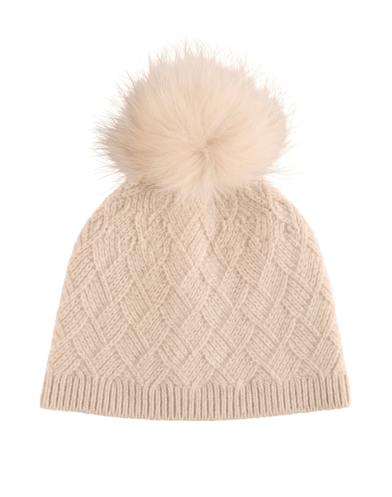 Amicale Cashmere | Women |Cashmere Basketweave Rib Hat W/ Fox Pom | Oatmeal