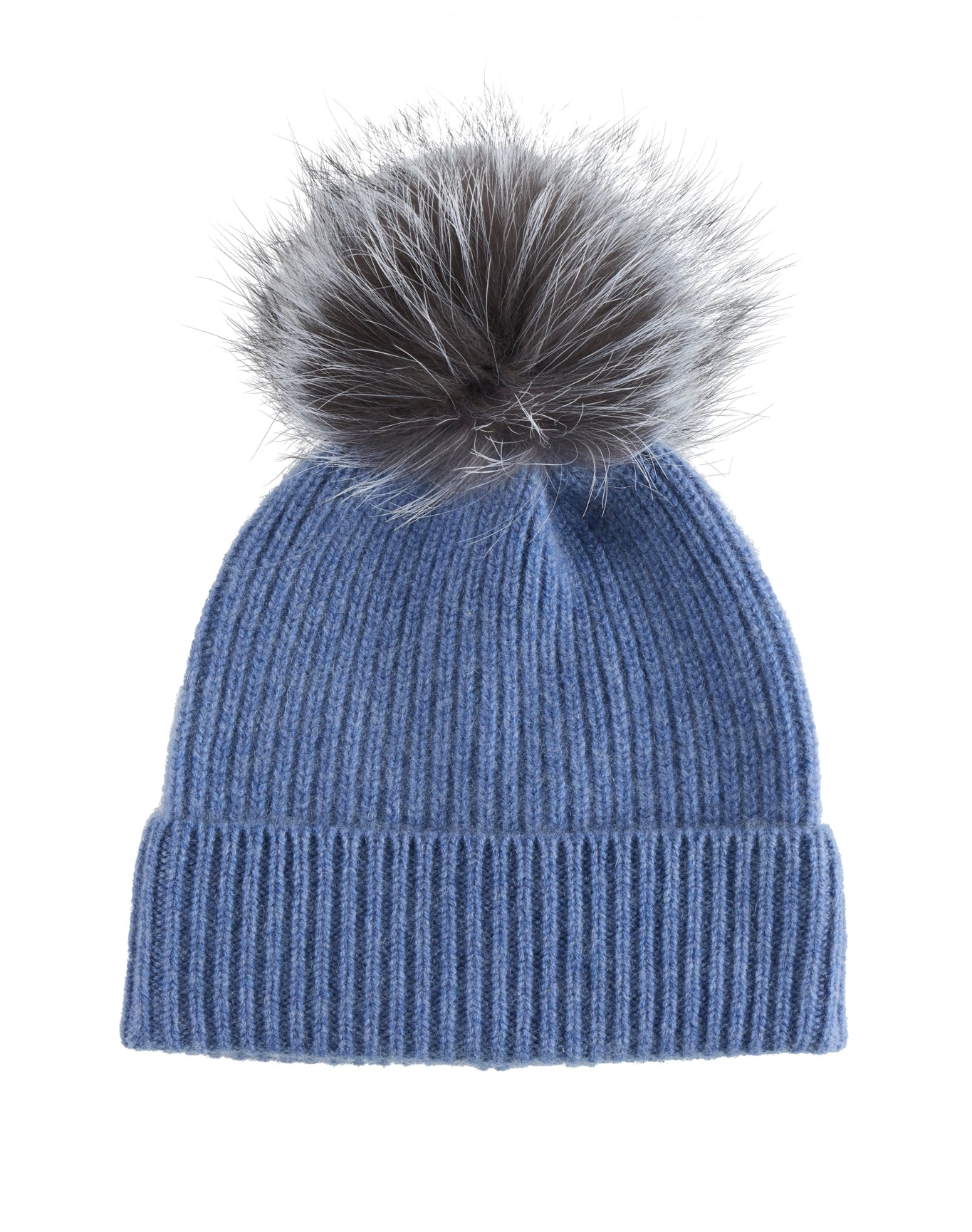 Amicale Cashmere | Women | Cashmere Chunky Rib Knit Hat With Fox Pom | Denim
