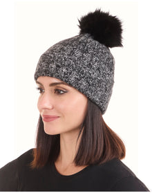 Amicale Cashmere | Women | Cashmere Marl Ladderstitch Fox Pom Hat | Black