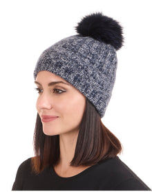 Amicale Cashmere | Women | Cashmere Marl Ladderstitch Fox Pom Hat | Navy