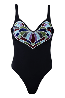 Amor Hand - Beaded Embellished One - Piece Swimsuit - Black - Self - Adore
