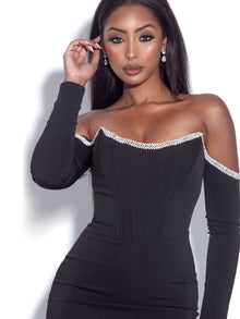 Annika Off Shoulder Long Sleeve Corset Dress With Crystal Trim | Black