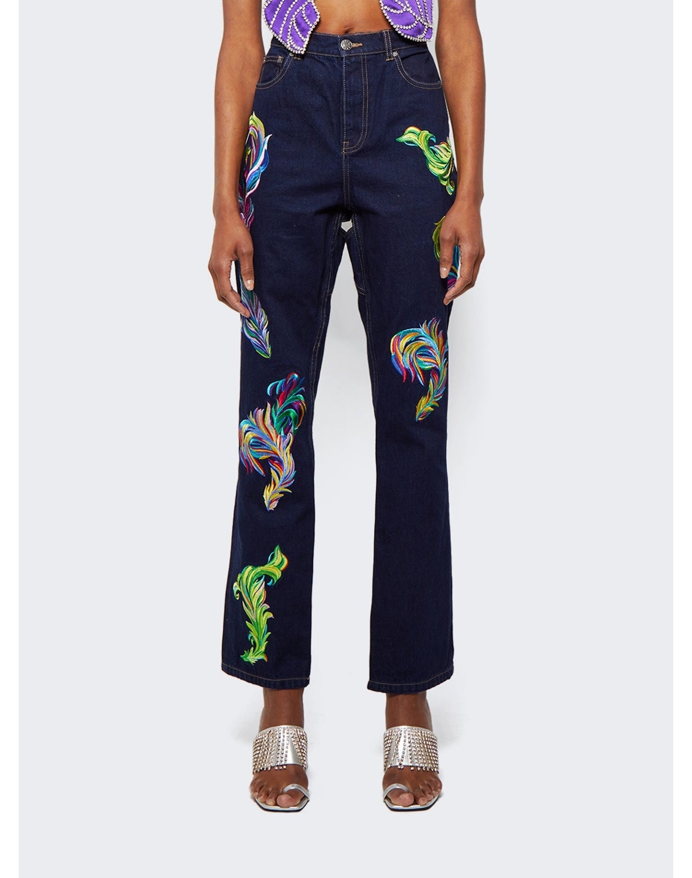 Area | Women | Embroidered Feather Jeans | Blue