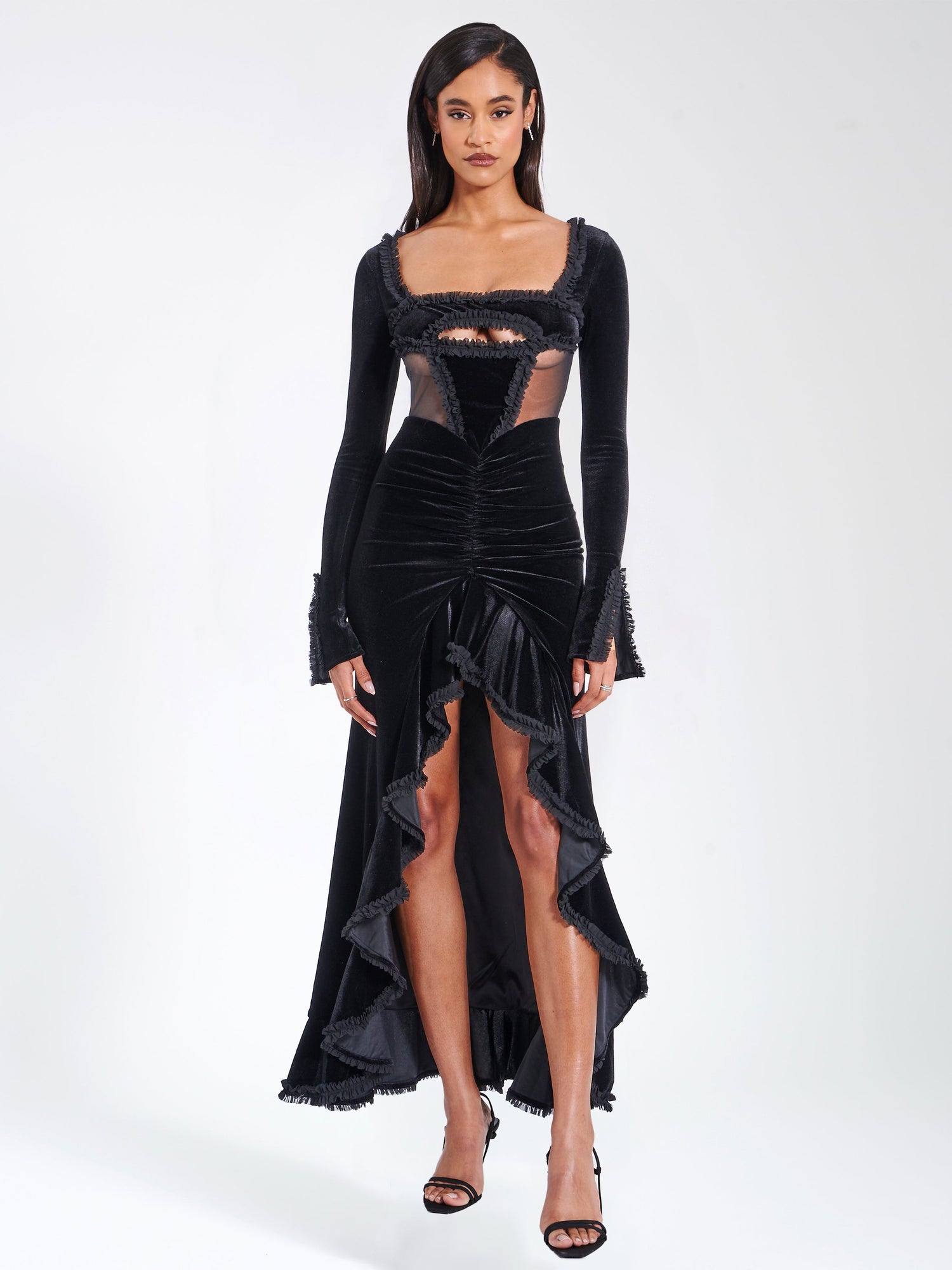 Maeve Velvet and Mesh Long Sleeve Maxi Dress | Black