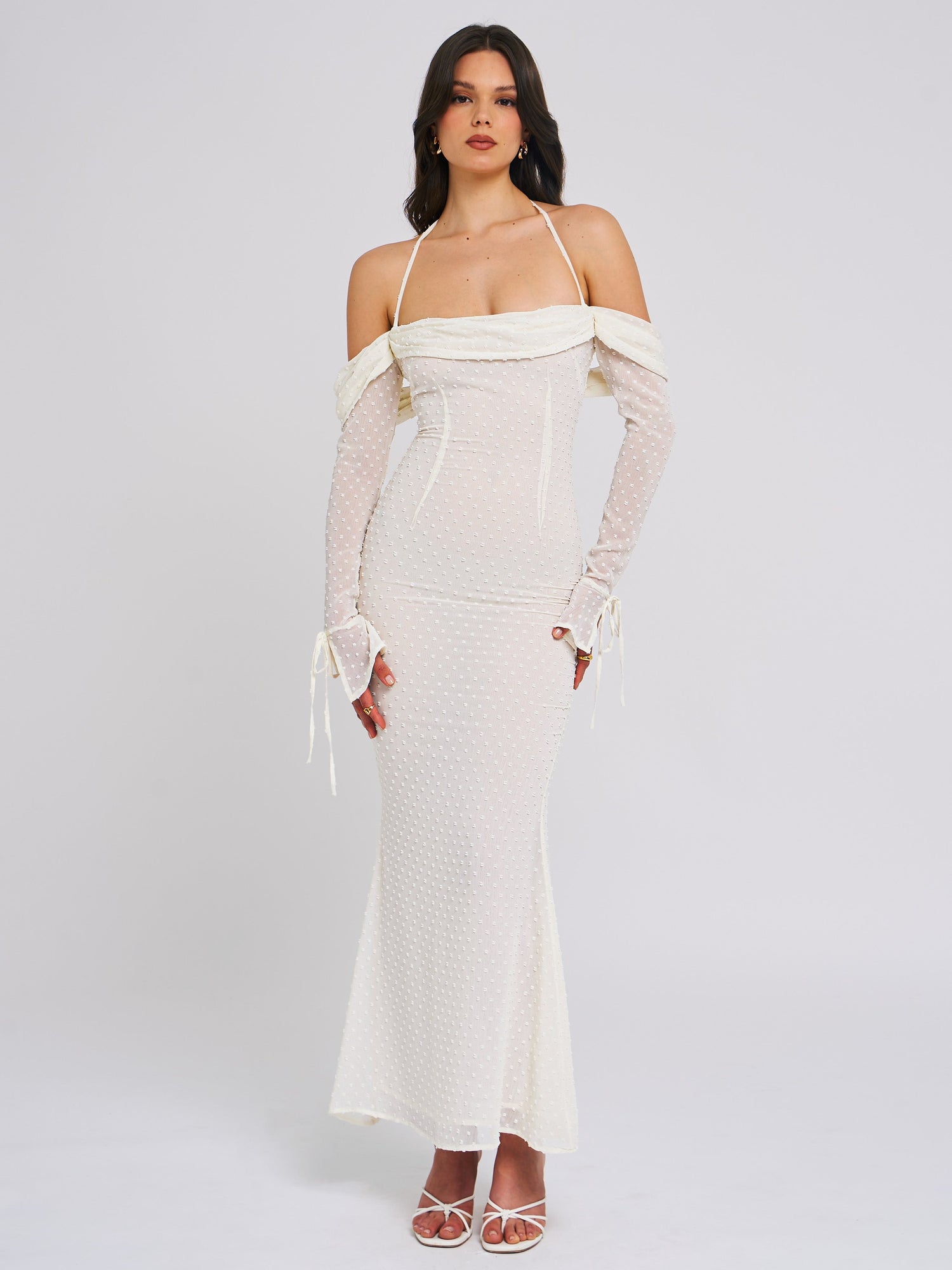 Kaia Long Sleeve Off Shoulder Maxi Dress | Beige