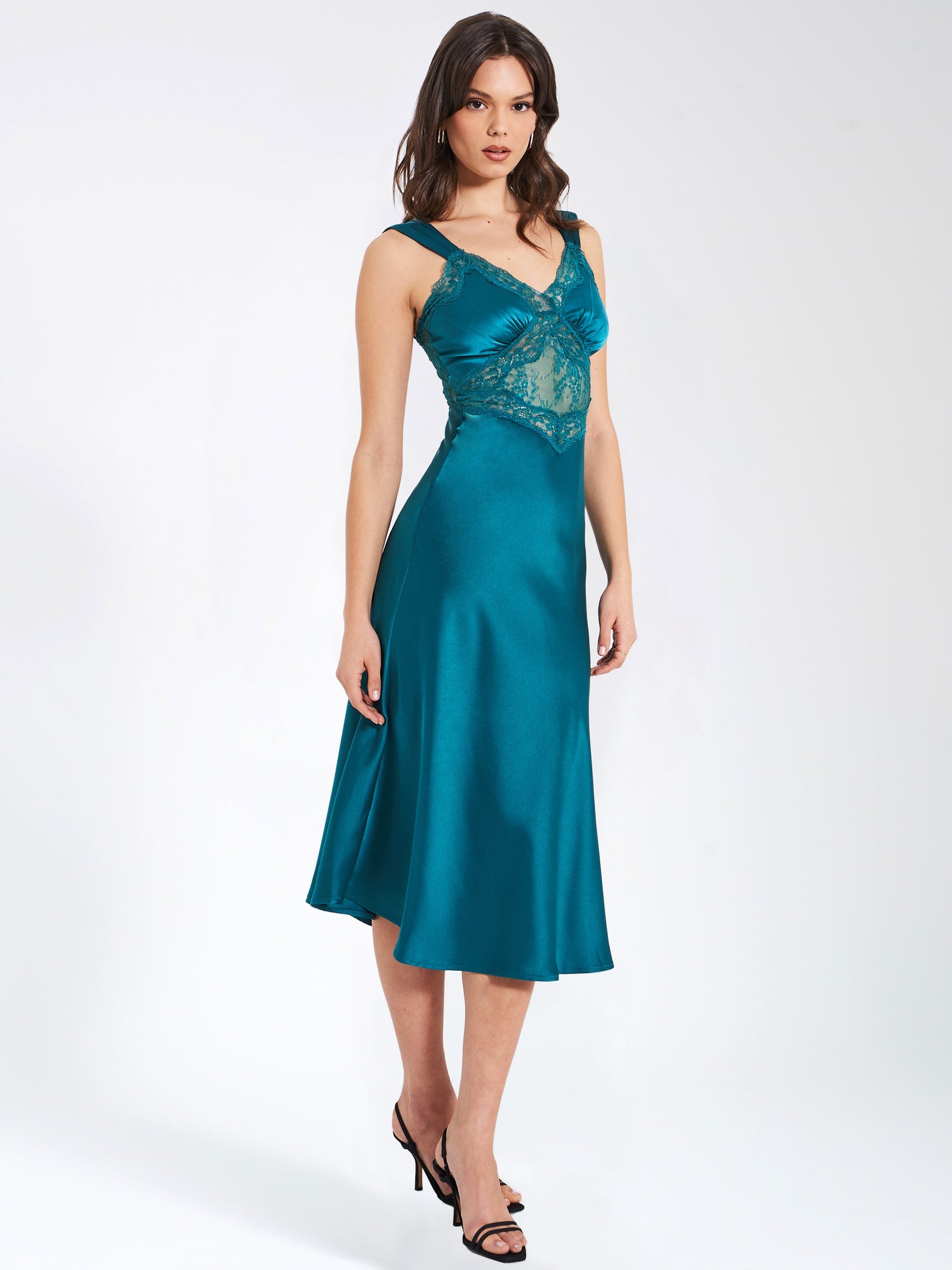 Perley Satin and Lace Midi Dress | Teal