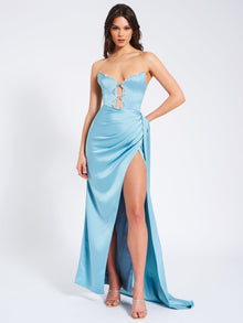 Marilyn Pale Satin Crystal Embellished High Slit Gown | Blue