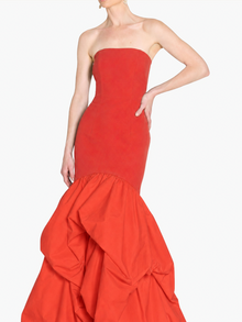 Strapless Drop Waist Mermaid Taffeta Pouf Gown | Red