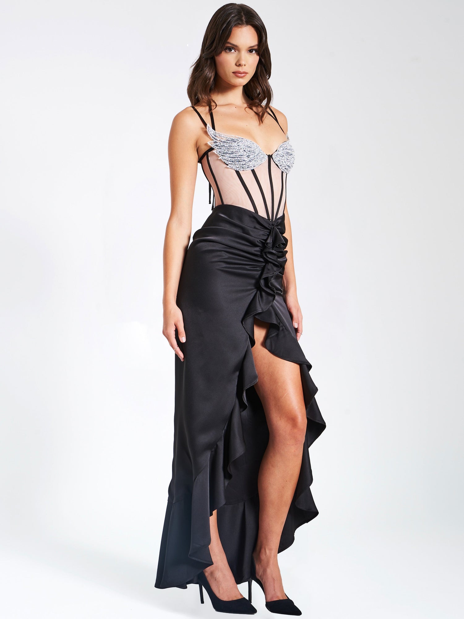 Rafaela Satin Corset Sequin Wing Cup Dress | Black