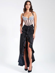 Rafaela Satin Corset Sequin Wing Cup Dress | Black