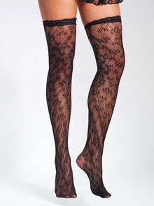 Miss Circle Lace Floral Print Thigh Highs | Black