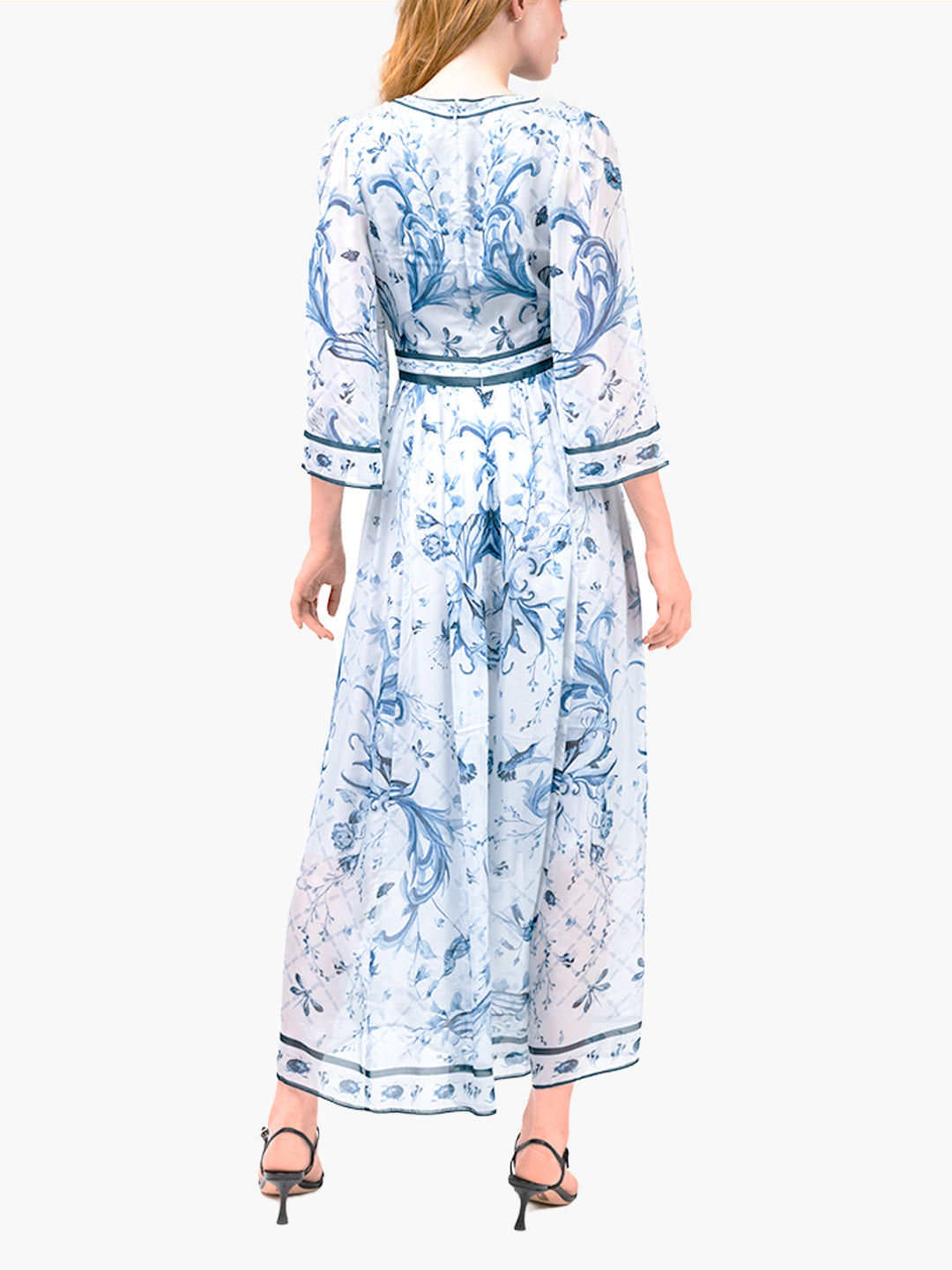 Swan Print Chiffon Gathered Maxi Dress | Blue