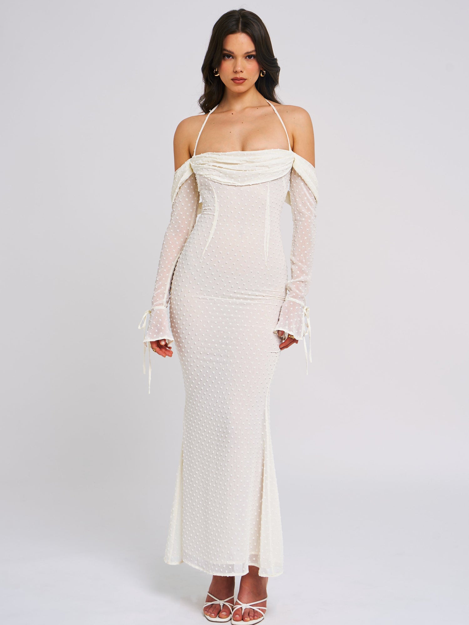 Kaia Long Sleeve Off Shoulder Maxi Dress | Beige