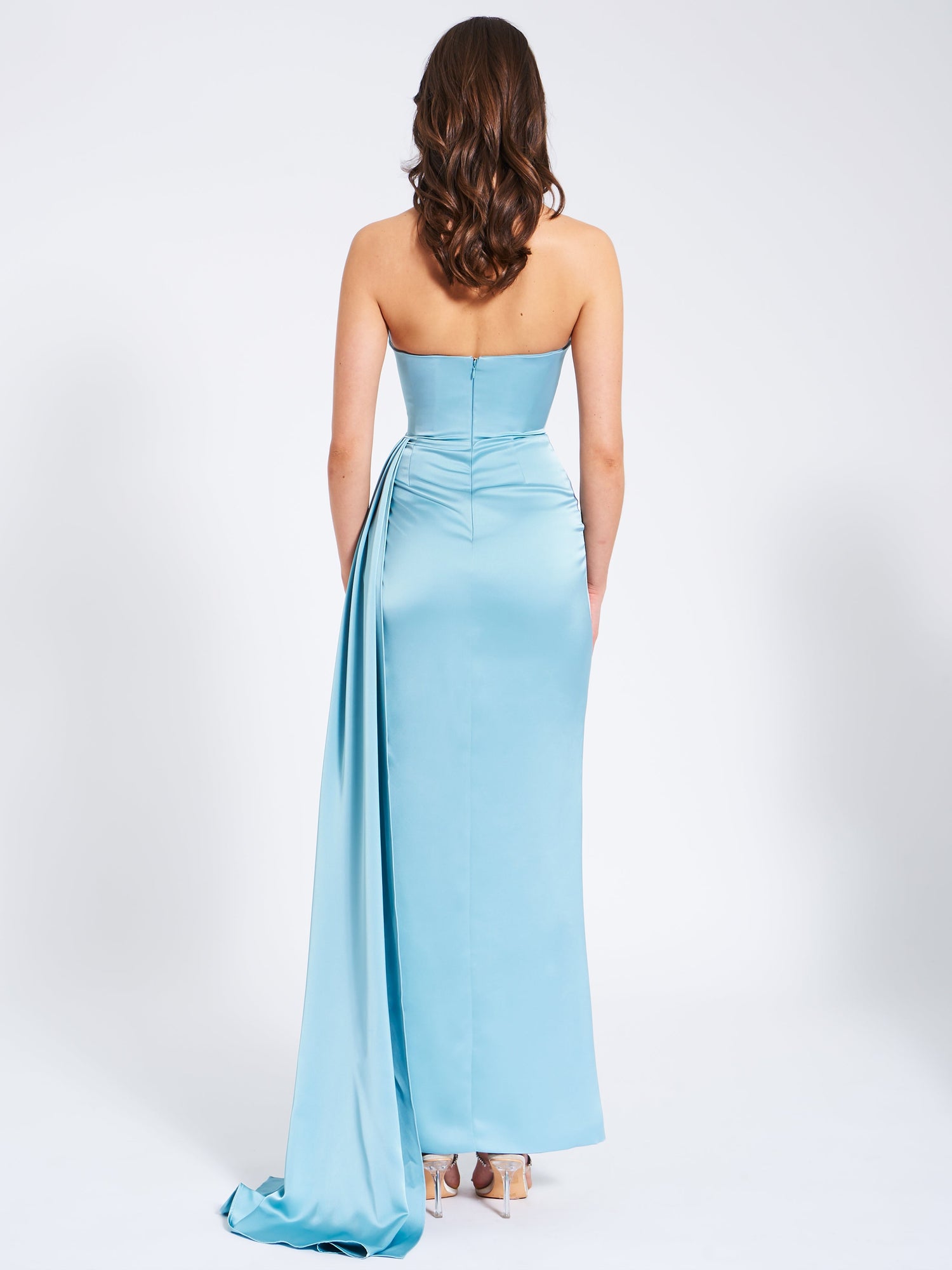 Marilyn Pale Satin Crystal Embellished High Slit Gown | Blue