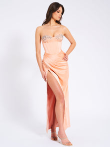 Amelia Satin Corset Slit Gown With Crystal Embellished | Blush