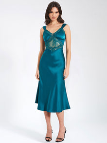 Perley Satin and Lace Midi Dress | Teal