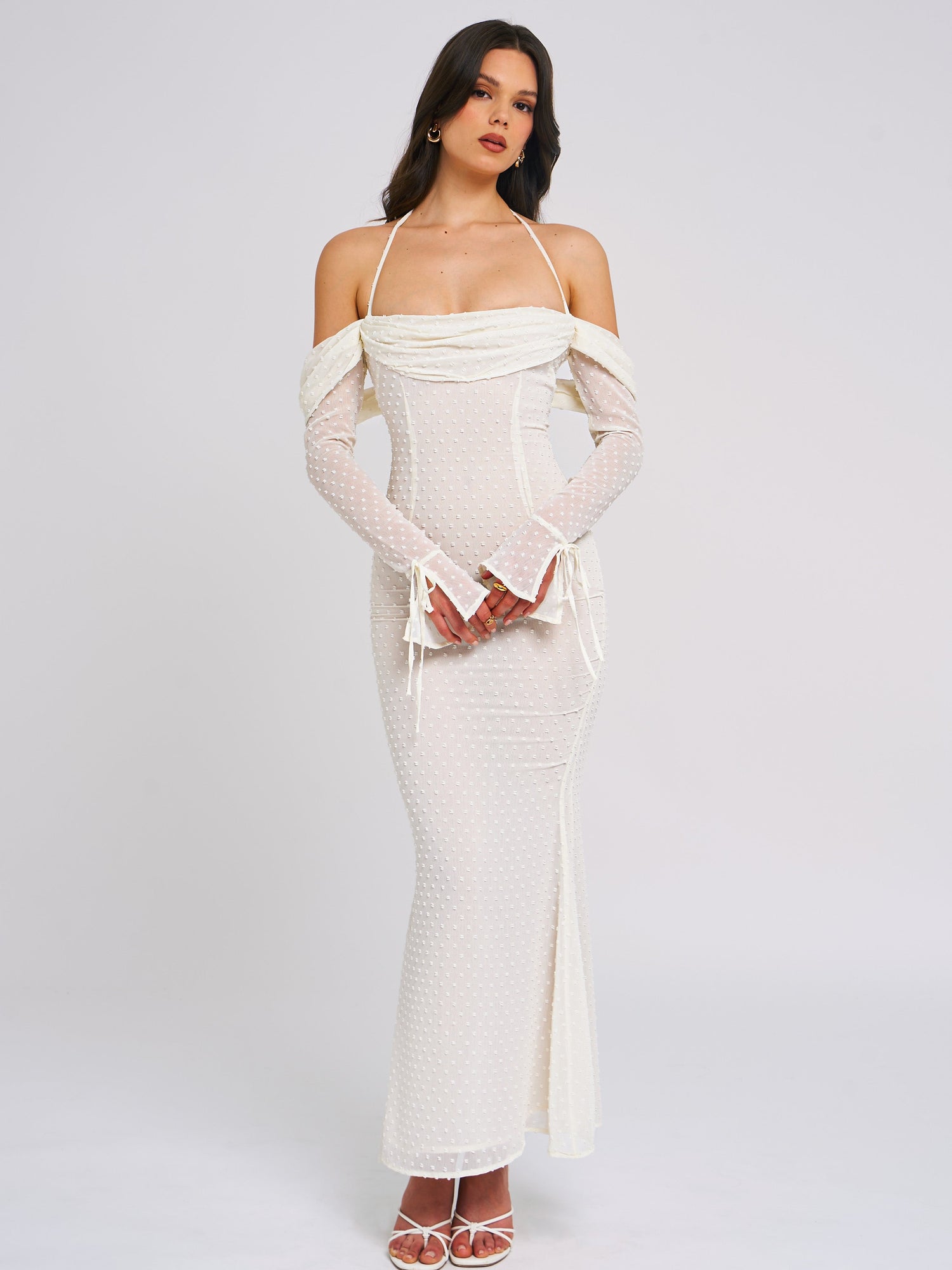 Kaia Long Sleeve Off Shoulder Maxi Dress | Beige