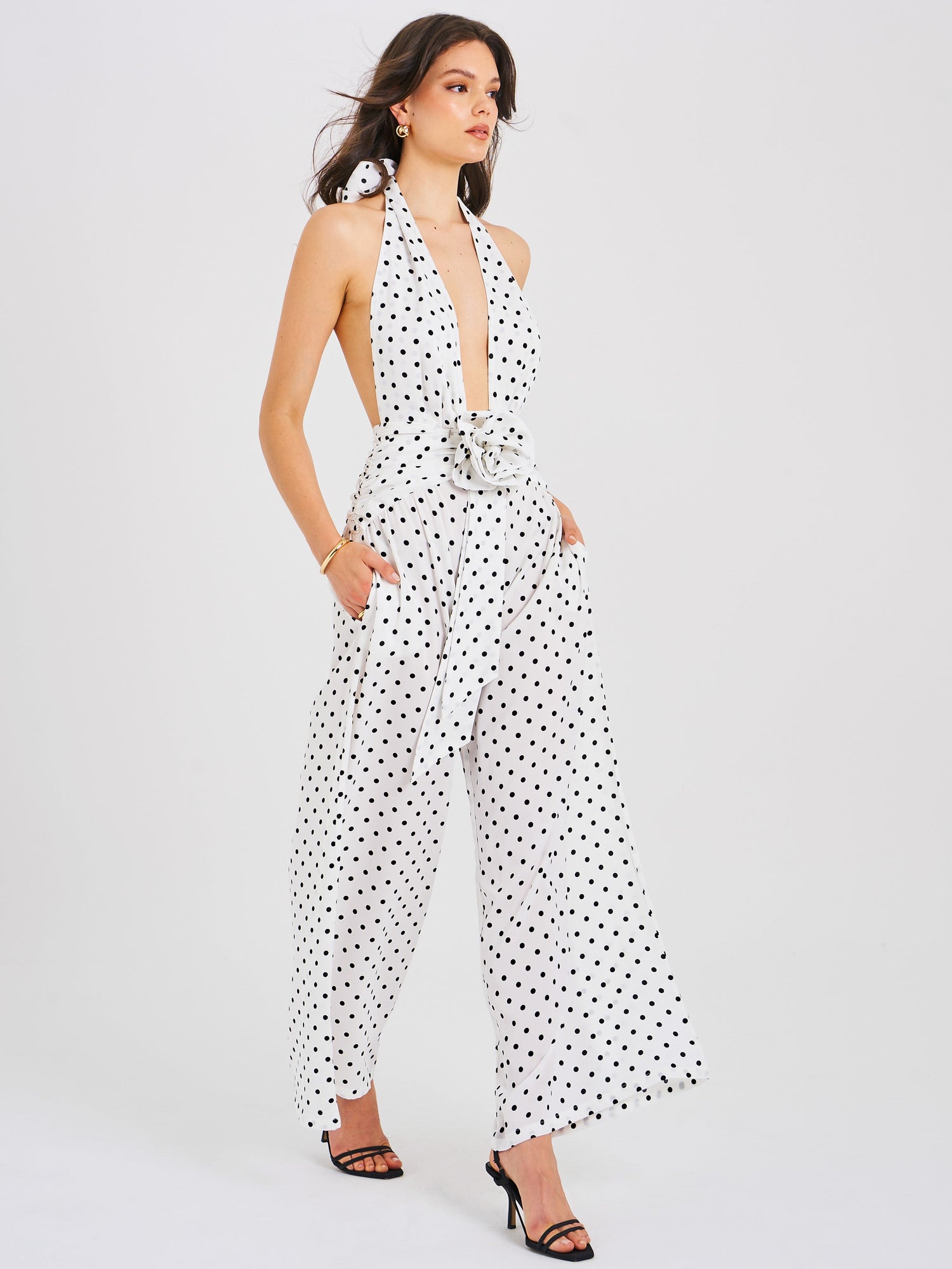 Oriana Polka Dots Halter Jumpsuit | White