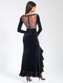 Maeve Velvet and Mesh Long Sleeve Maxi Dress | Black