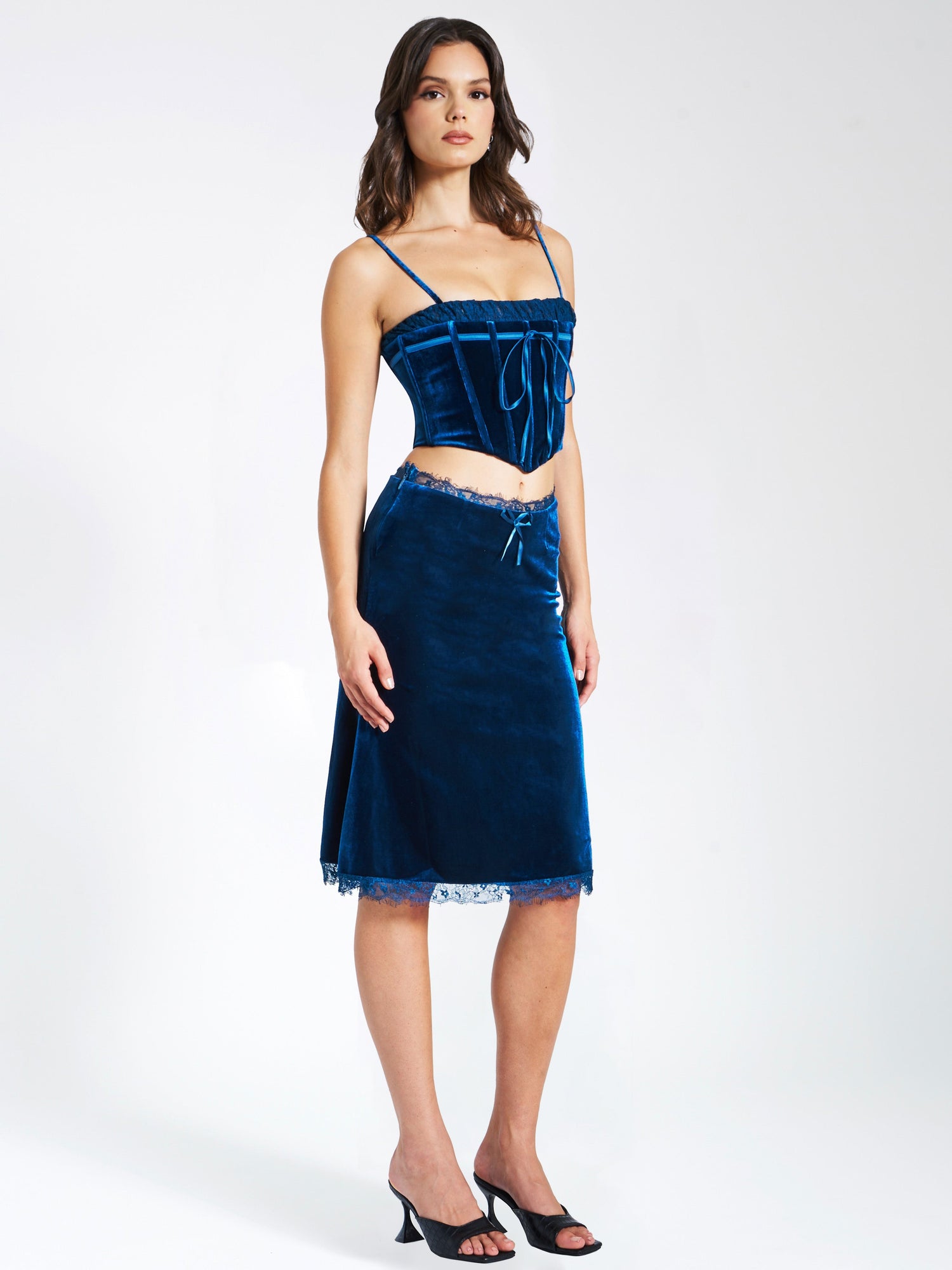 Lorraine Velvet Skirt With Lace Trim | Teal