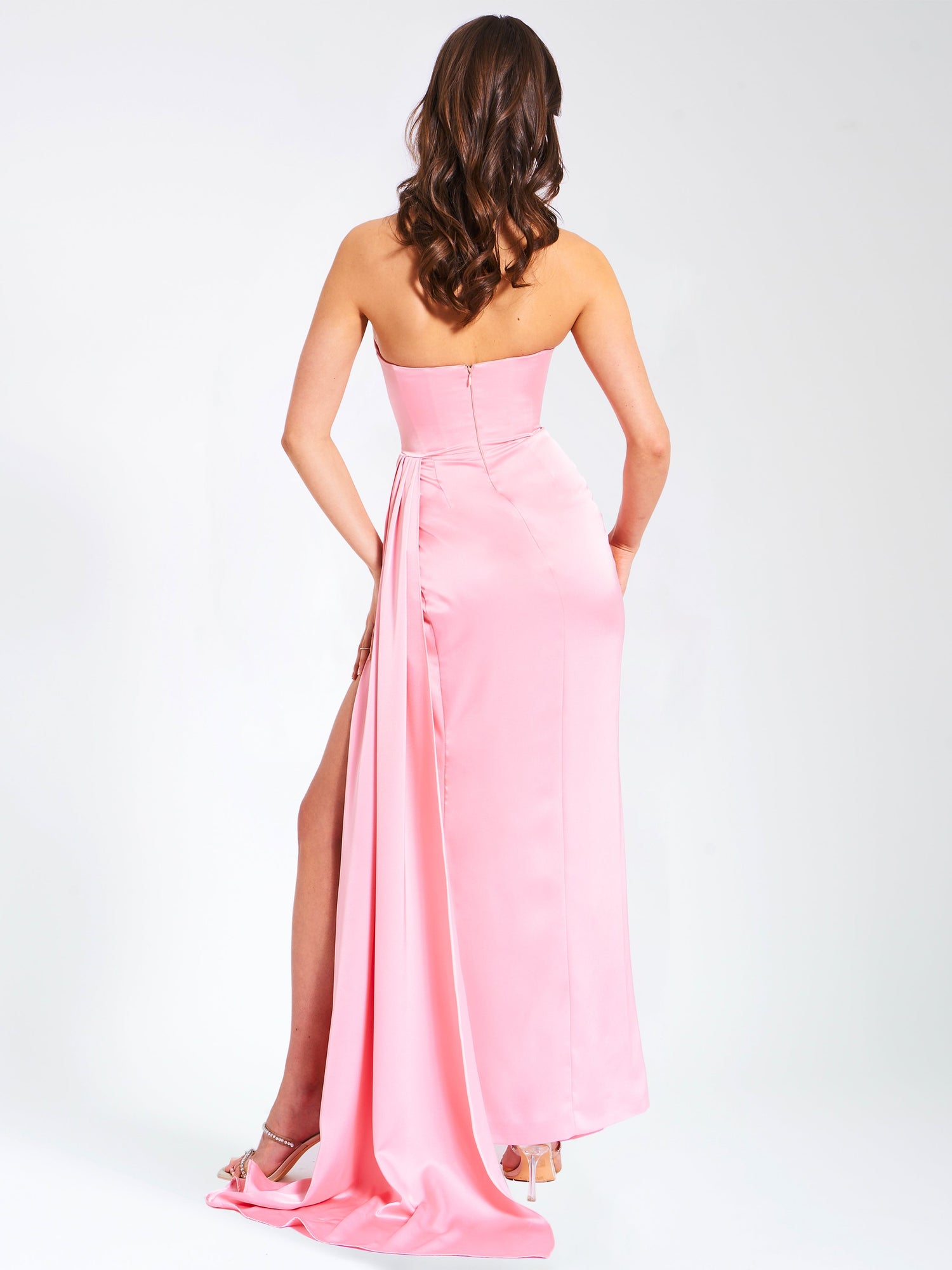 Marilyn Satin Crystal Embellished High Slit Gown | Pink