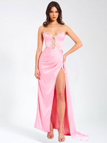 Marilyn Satin Crystal Embellished High Slit Gown | Pink