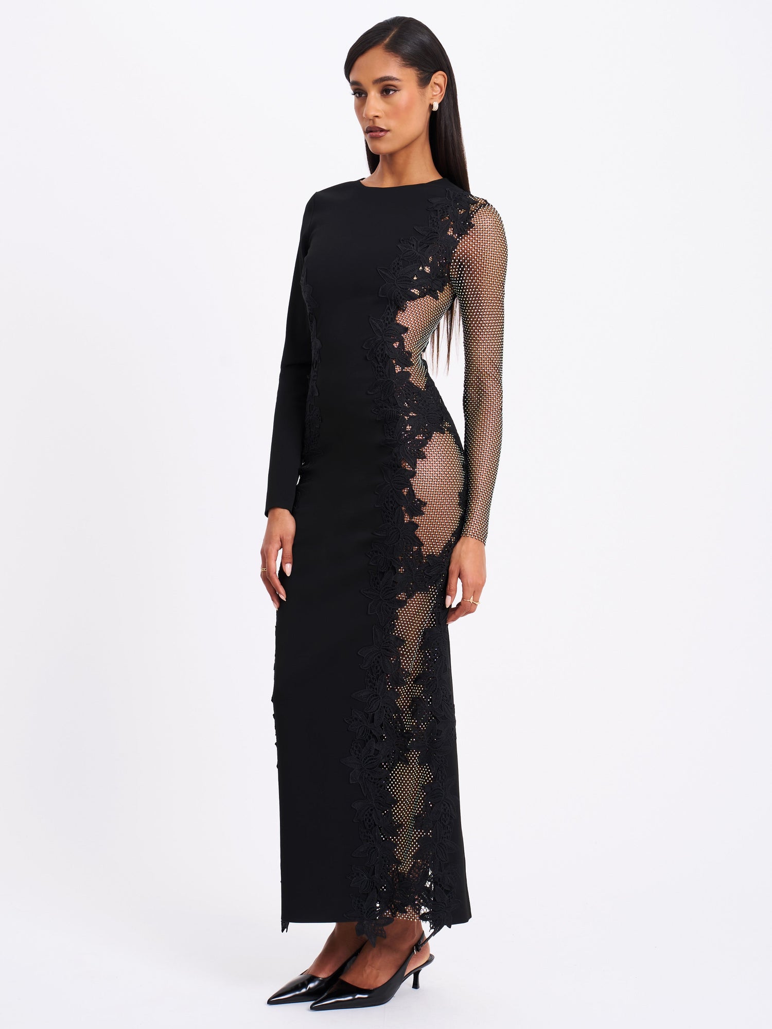 Bailey Lace Trim Crystal Net Cutout Long Sleeve Gown | Black