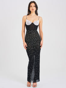 Jimena Crystal Embellished Back Slit Maxi Dress | Black