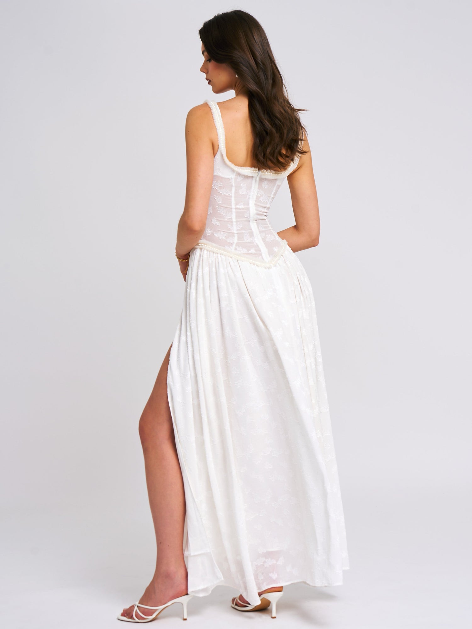 Ulissa Square Neck Jacquard Textured High Slit Maxi Dress | White