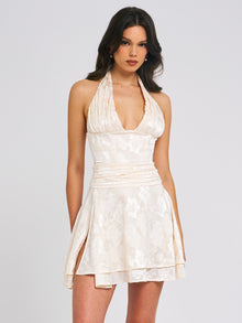 Quintana Jacquard Textured Slit Halter Mini Dress | White