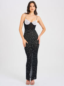 Jimena Crystal Embellished Back Slit Maxi Dress | Black