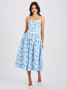 Paloma Print Linen Corset Draping Top Midi Dress | Blue