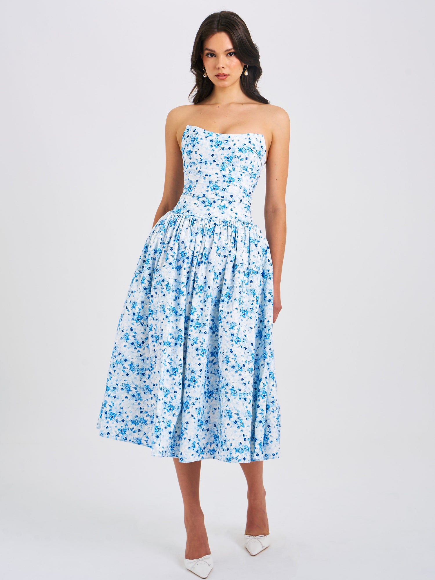 Paloma Print Linen Corset Draping Top Midi Dress | Blue