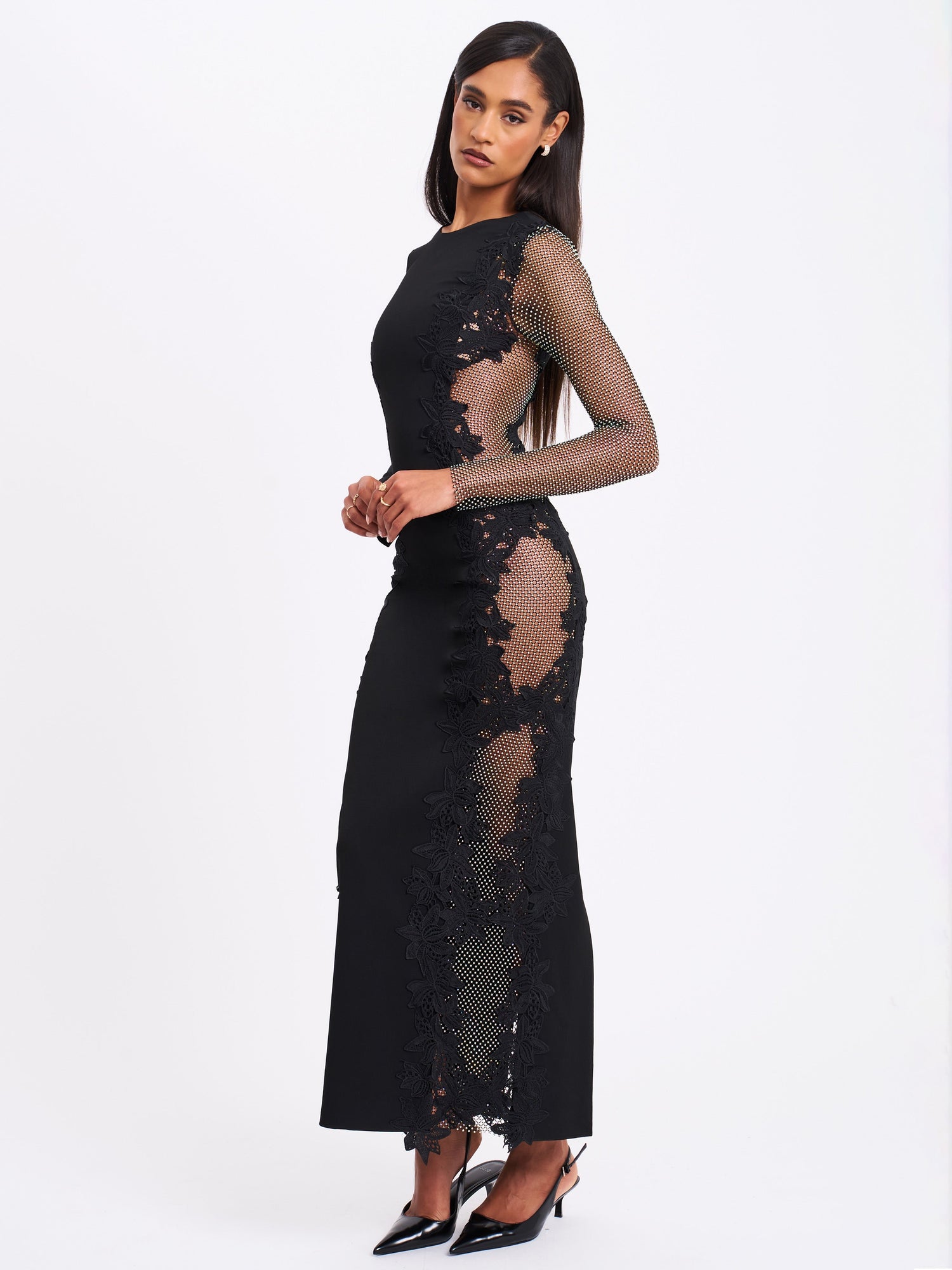 Bailey Lace Trim Crystal Net Cutout Long Sleeve Gown | Black