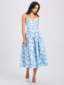 Paloma Print Linen Corset Draping Top Midi Dress | Blue