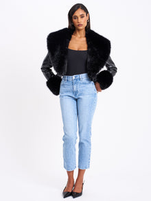 Ziah Cropped Leather Jacket with Fur Collar | Black