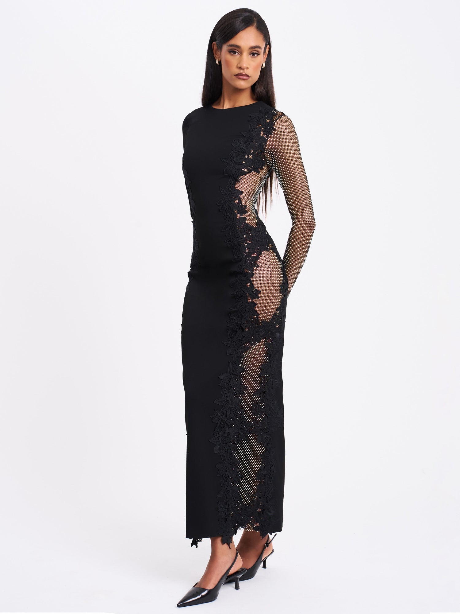 Bailey Lace Trim Crystal Net Cutout Long Sleeve Gown | Black