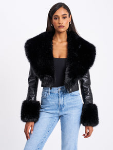 Ziah Cropped Leather Jacket with Fur Collar | Black