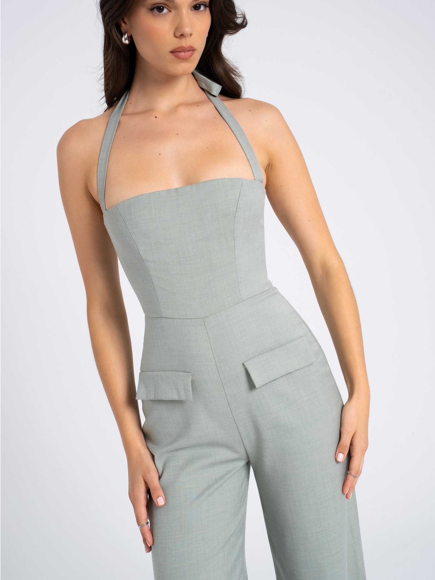 Zaria Sage Wide Leg Halter Jumpsuit | Green