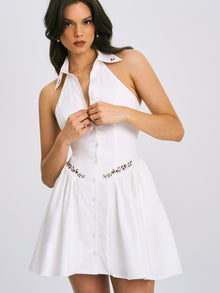 Hailey Embroidered Collared Halter Drop Waist Mini Dress | White